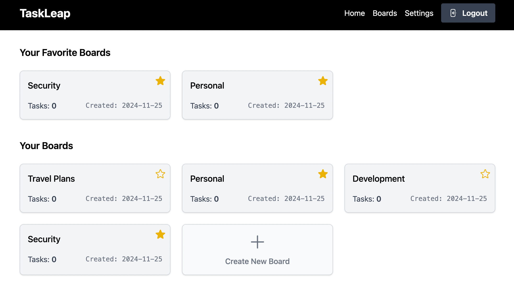 TaskLeap board list with favorites